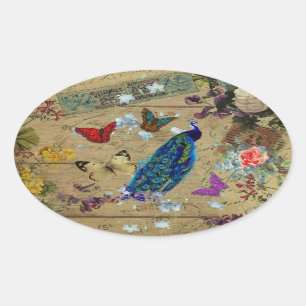 Sticker Ovale Papillon mignon de paon coloré bleu vintage