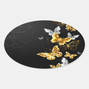 Sticker Ovale Papillons blancs et dorés