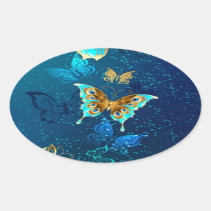 Sticker Ovale Papillons d'or sur un Arrière - plan bleu