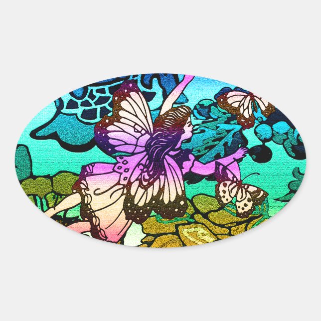 Sticker Ovale Papillons, Fleurs, Arc-en-ciel, Angel (Devant)