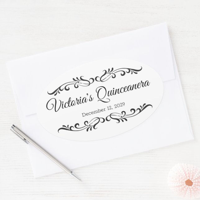 Sticker Ovale Parchemins noirs, logo Quinceanera personnalisé (Enveloppe)