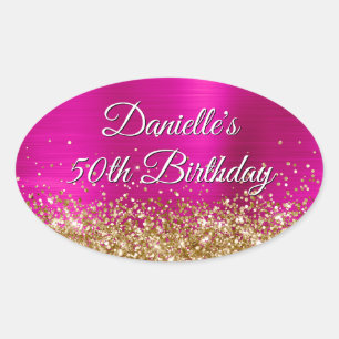 Sticker Ovale Parties scintillant d'or Pink Hot Foil 50e anniver