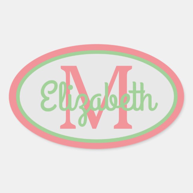 Sticker Ovale Peach Preppy et Monogramme vert Sage (Devant)