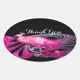 Sticker Ovale PEACOCK ÉLÉGANT EN ROSE, FUCHSIA, Merci NOIR