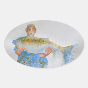 Sticker Ovale Pêcheur peinture d'aquarelle cadeau de pêche pour 