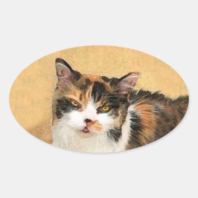Sticker Ovale Peinture de chat Calico - Cute Original Cat Art (Devant)