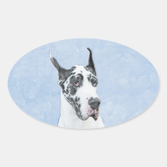 Sticker Ovale Peinture de Great Dane (Arlequin) - Art original d (Devant)
