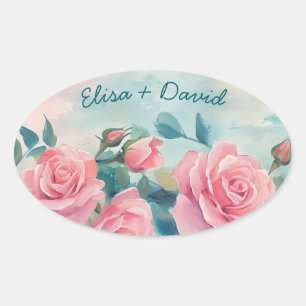 Sticker Ovale Peinture de roses roses Baby shower personnalisé p