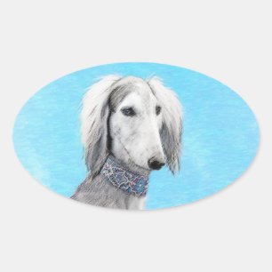 Sticker Ovale Peinture de Saluki (Argent) - Joli art original de