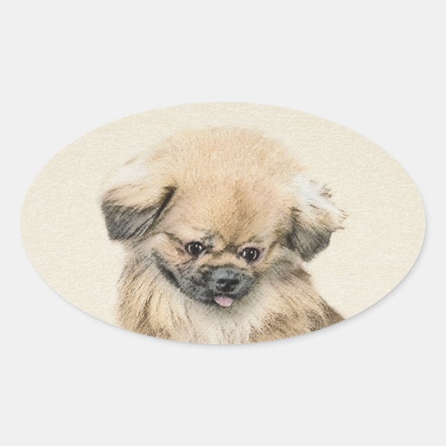 Sticker Ovale Peinture Pekingese - Cute Original Chien Art (Devant)