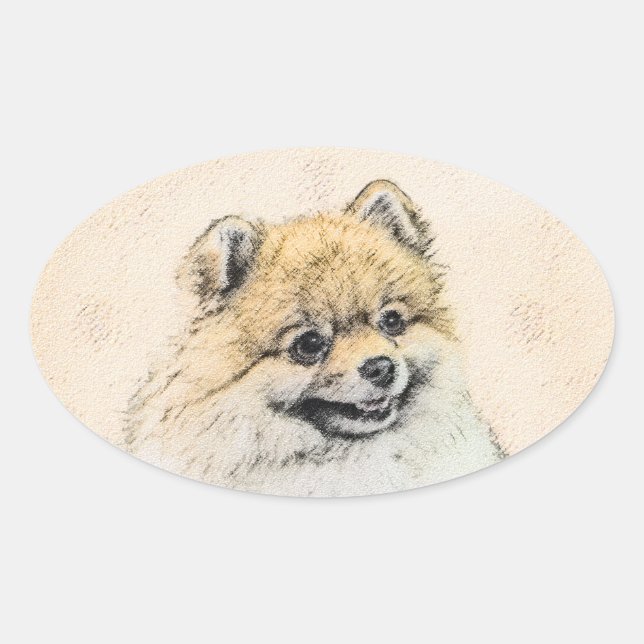 Sticker Ovale Peinture Poméranienne (orange) - Art Chien origina (Devant)