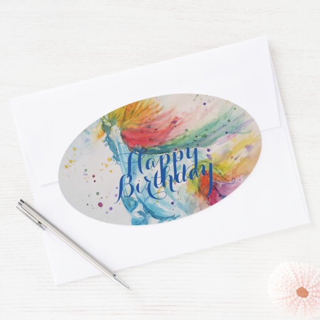 Sticker Ovale Peinture Unicorne Joyeuse aquarelle d'anniversaire (Enveloppe)