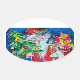 STICKER OVALE PÈRE NOËL AVEC ARBRE DE NOËL ET CADEAUX