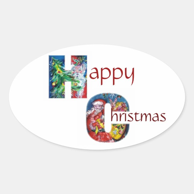 STICKER OVALE PÈRE NOËL AVEC BALLONS ET MONOGRAMME D'ARBRE DE NO (Devant)