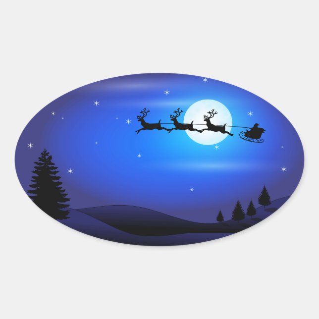 Sticker Ovale Père Noël et Reindeer volent à travers le ciel ble (Devant)