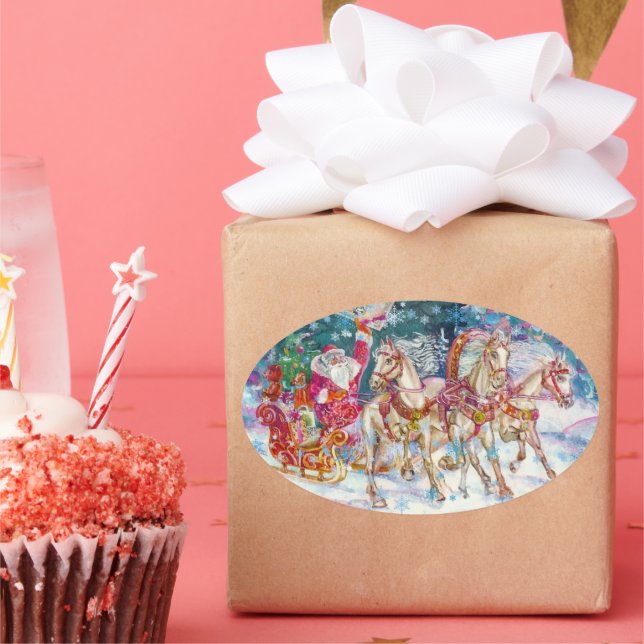 Sticker Ovale Père Noël Magique Cheval Sleigh Neige Nuit de Noël (Fête)