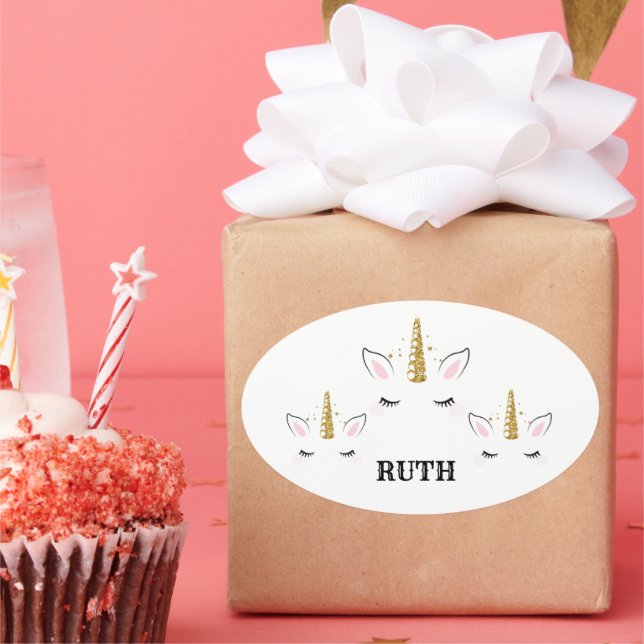 Sticker Ovale Personalized Birthday Unicorn Glitter Design with  (Fête)