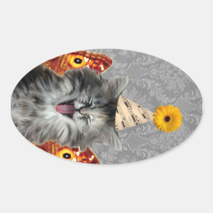 Sticker Ovale Petit chaton de fête sur arrière - plan damassé