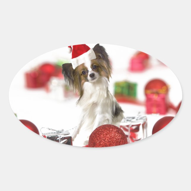 Sticker Ovale Petit Papillon Chien Noël Santa Hat (Devant)