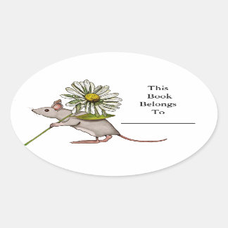 Sticker Ovale Petite Souris Avec Fleur Grosse Faisée : Plaque De