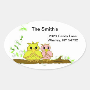 Sticker Ovale Petits hiboux sur une branche