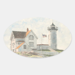 Sticker Ovale Phare de Cape Neddick Aquarelle