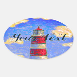 Sticker Ovale Phare Pastel, nuages et votre texte