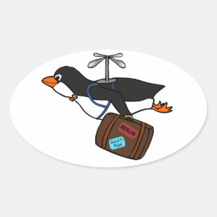Sticker Ovale Pingouin d'hélicoptère volant avec valise