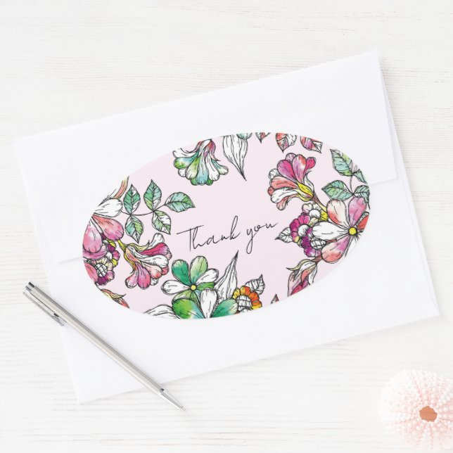 Sticker Ovale Pink and green flowers (Enveloppe)