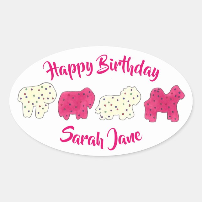 Sticker Ovale Pink Animal Crackers Cookies Circus Anniversaire (Devant)