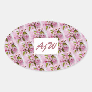 STICKER OVALE PINK POMME BLOSSOMS MONOGRAMMÉS
