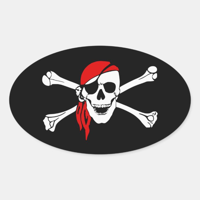 Sticker Ovale Pirate crâne et os croisés avec Bandana rouge (Devant)