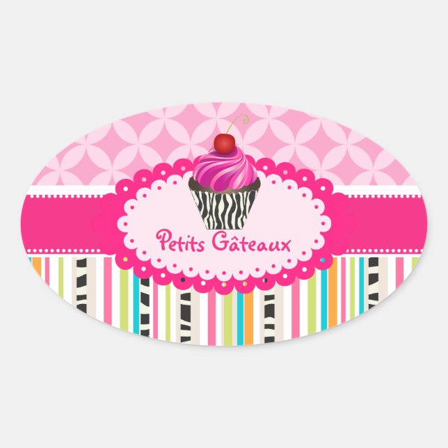 Sticker Ovale PixDezines rayures+treillis+cupcake/do-it-yourself (Devant)