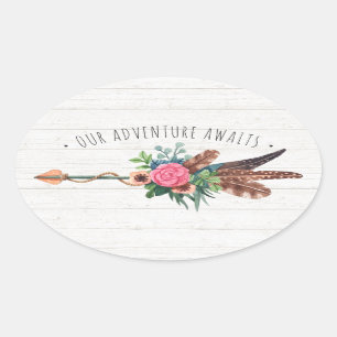 Sticker Ovale Plumes bohèmes rustiques et Mariage Rose Flèche