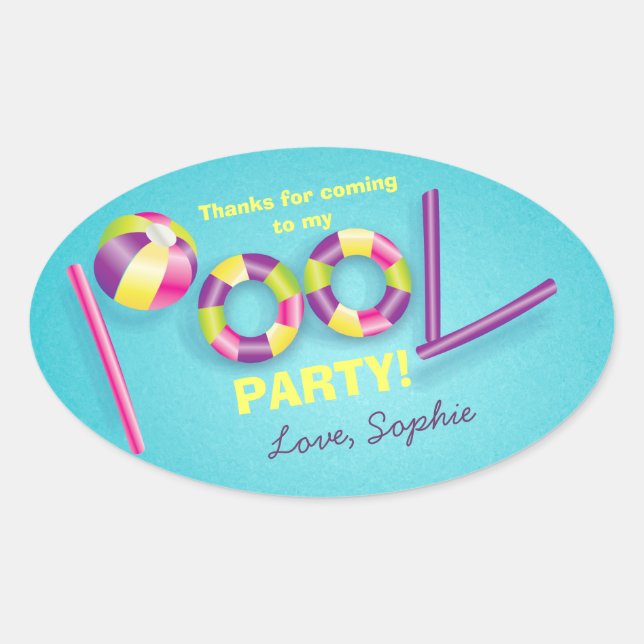 Sticker Ovale Pool Party Personnalisé Anniversaire Favoriser Sti (Devant)