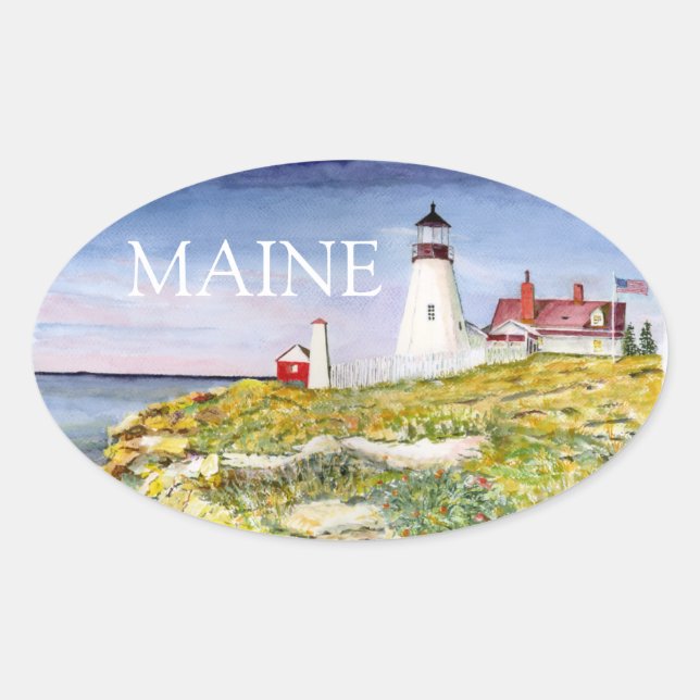 Sticker Ovale Portland Head Lighthouse Maine Aquarelle Peinture (Devant)