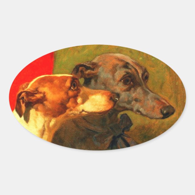 Sticker Ovale PORTRAITS DE CHIEN DE MINIATURE VICTORIENNE Greyho (Devant)