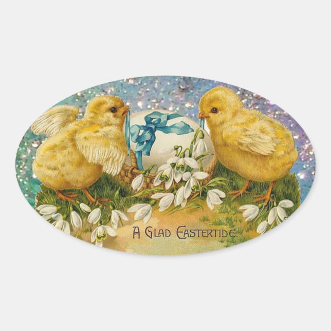 STICKER OVALE POULET, FLEURS, OEUF DE PÂQUES EN PARKLES BLEUS D' (Devant)