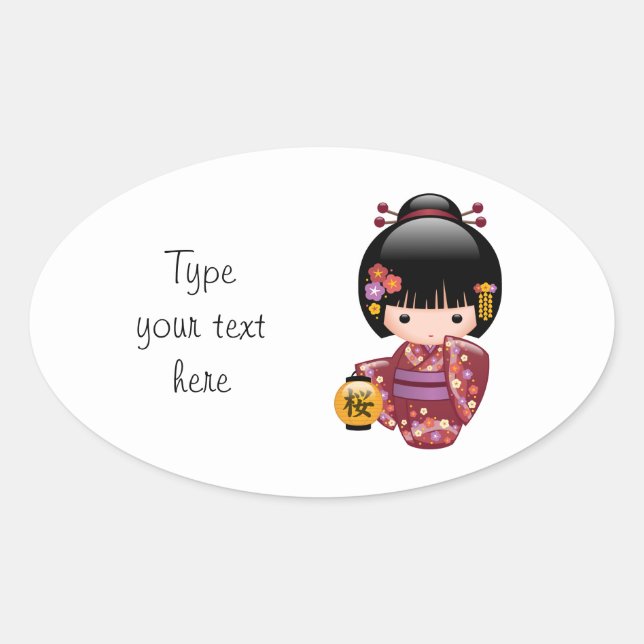 Sticker Ovale Poupée Sakura Kokeshi - Geisha Girl sur blanc (Devant)