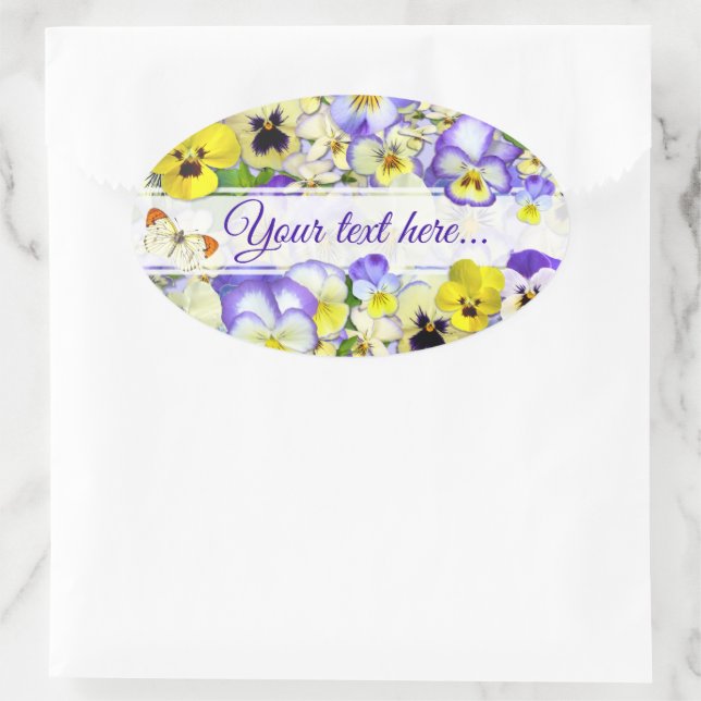 Sticker Ovale Pretty Pastel Pansies Your Text (Sac)