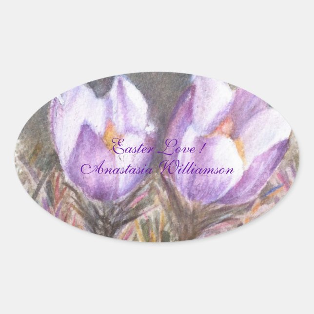 STICKER OVALE PURPLE CROCUS AIMER PÂQUES .. (Devant)