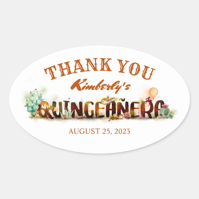 Sticker Ovale Quinceanera mexicaine Anniversaire Merci (Devant)