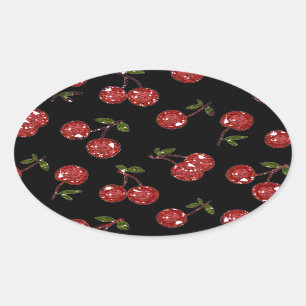 Sticker Ovale RAB Rockabilly Très Cerises Cerises Sur Fond Noir