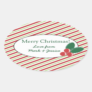 Sticker Ovale Rayures et houx de fête