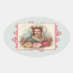 Sticker Ovale Reine Béni Mère Vierge Marie Roses