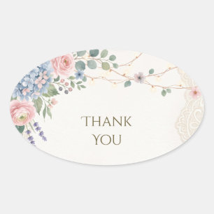 Sticker Ovale Remerciement de mariage en dentelle florale bleu r