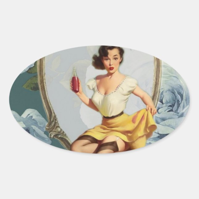 Sticker Ovale rétro fille Fête des mariées Tea Party merci (Devant)