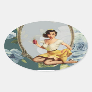 Sticker Ovale rétro fille Fête des mariées Tea Party merci
