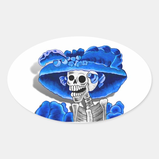 Sticker Ovale Rire Skeleton Woman dans Blue Bonnet (Devant)