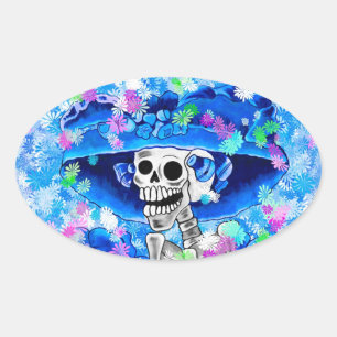 Sticker Ovale Rire Skeleton Woman dans Blue Bonnet sur Blue